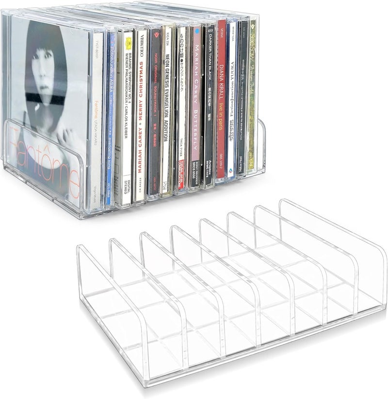 Philbinden 2 Pcs Clear Acrylic CD Holder, DVD/CD Display Rack & CD Storage Box & Vinyl Record Storage Stand Holds up to 14 Standard CD Cases for Media Shelf Storage and Organization - Image 1